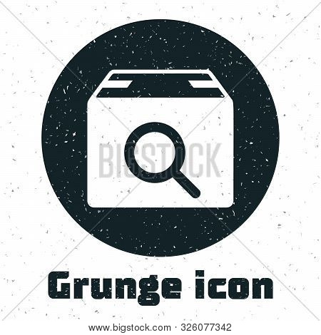 Grunge Search Package Icon Isolated On White Background. Parcel Tracking Symbol. Magnifying Glass An