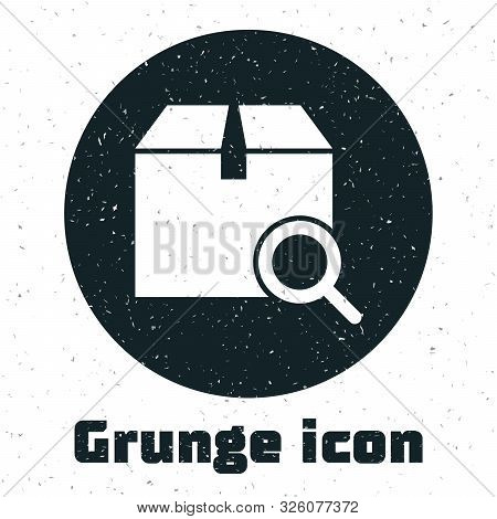 Grunge Search Package Icon Isolated On White Background. Parcel Tracking Symbol. Magnifying Glass An