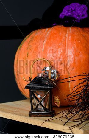 Decor On The Theme Of Halloween In A Photo Studio. Holiday,decoraction ,pumpkin. Holiday Content.