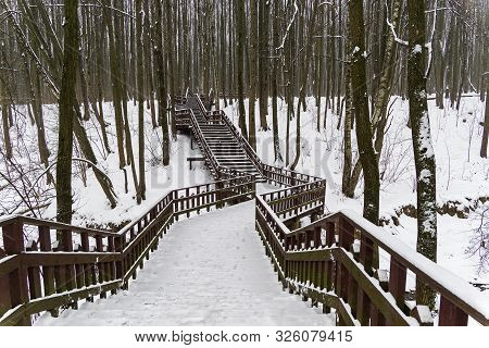 A Wooden Staircase Through A Ravine. Bitsa Park, Moscow, Russia. December.