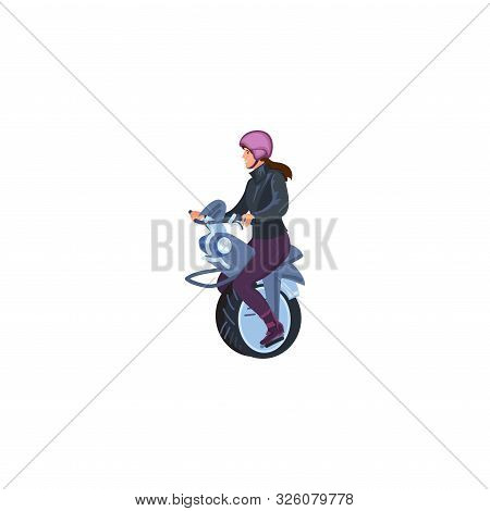Woman With A Helmet Riding On An Electric Monobike. Vector Illustration In A Flat Cartoon Style.