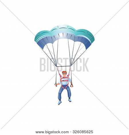 Skydiver In The Blue Clothes Flying With The Blue Parachute. Vector Illustration In A Flat Cartoon S