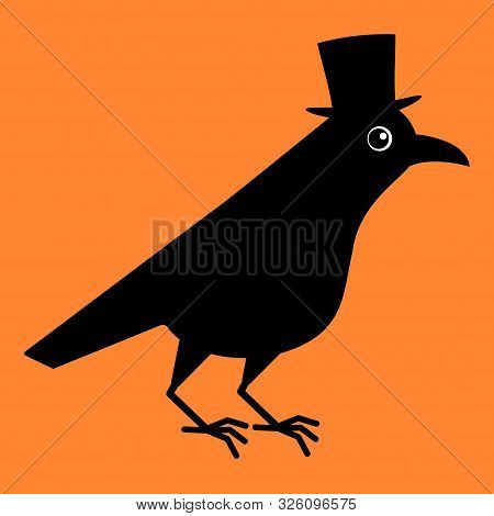Gentleman Crow, Blackbird With Top Hat. Cute Raven Illustration On Orange Blackground.