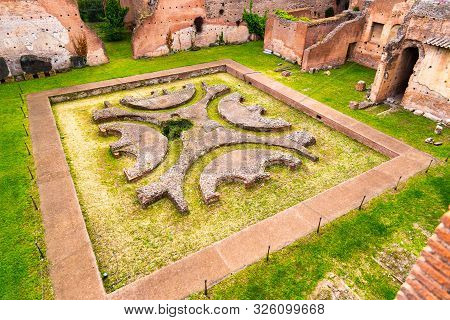 Lower Courtyard At Domus Augustana. Ancient Ruins On Palatine Hill, Rome, Italy