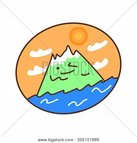 Flat Vector Landscape. Cartoon Mountain, Sea, Ocean Waves. Kawaii Volcano Smiles, Winks. Seascape, S