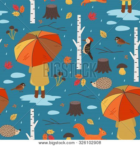 Seamless Autumn Pattern With A Girl Under An Umbrella- Vector Illustration, Eps