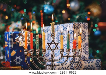 Jewish Holiday Hanukkah Menorah With Burning Candles