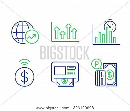 World Statistics, Report Timer And Upper Arrows Line Icons Set. Contactless Payment, Atm And Parking