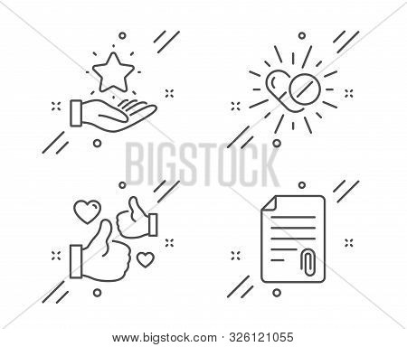 Medical Drugs, Like And Loyalty Program Line Icons Set. Attachment Sign. Medicine Pills, Thumbs Up, 