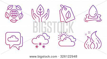 Weather Forecast, Snow Weather And Water Splash Line Icons Set. Fair Trade, Bio Tags And Eco Organic