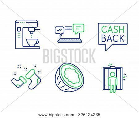 Santa Boots, Money Transfer And Internet Chat Line Icons Set. Coconut, Coffee Maker And Elevator Sig