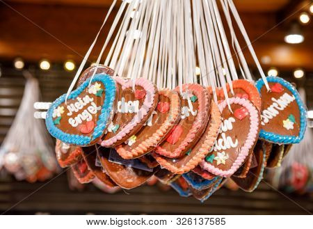 Bunch of traditional Lebkuchenherz gingerbread hearts with 