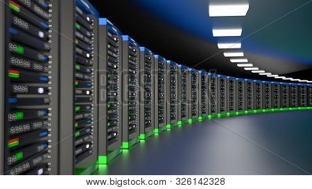 Server Room Data Center. Backup, Mining, Hosting, Mainframe, Farm And Computer Rack With Storage Inf