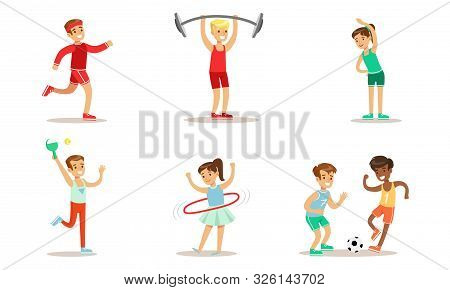 Children Doing Different Kind Of Sports Set, Teen Boys And Girls Playing Soccer, Table Tennis, Joggi
