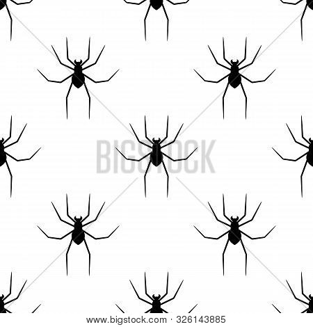 Seamless Pattern With Black Silhouette Of Spider On White Background. Halloween Decorative Texture. 