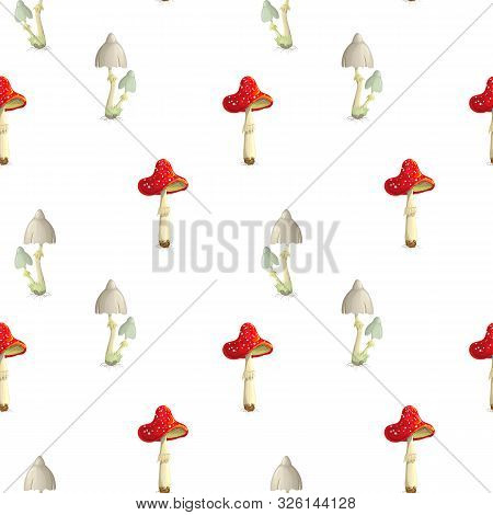 Seamless Toadstool And Fly Mushroom Pattern On White Backdrop. Poisonous Mushroom Background. Fly Ag
