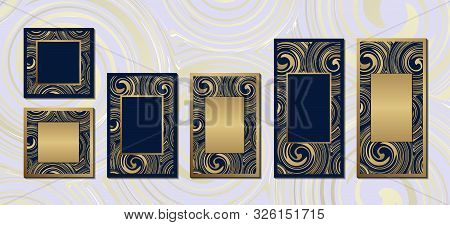 Abstract Blue Gold Marble Elegant Background Collection With Frame For Invitation Cards Cover Poster