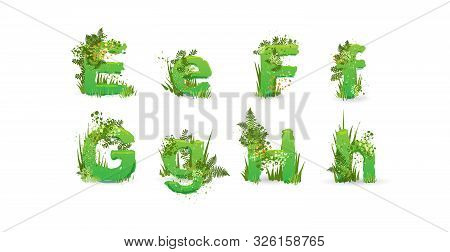 Green Leaves Font. Vector Illustration. Stylish Eco Alphabet From Colorful Tropical Leaves, Bushes, 