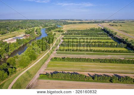 Aerial landscape of Nebraska Sandhills with the Middle Loupe River at Nebraska National Forest near Halsey