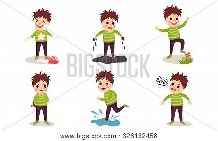 Set Of Vector Illustrations With Six Boys Of Destructive Behaviour Cartoon Characters