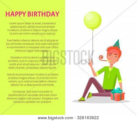 Happy Birthday Postcard, Guy Sitting On Floor And Party Horn In Mouth In Festive Hat. Male With Ball