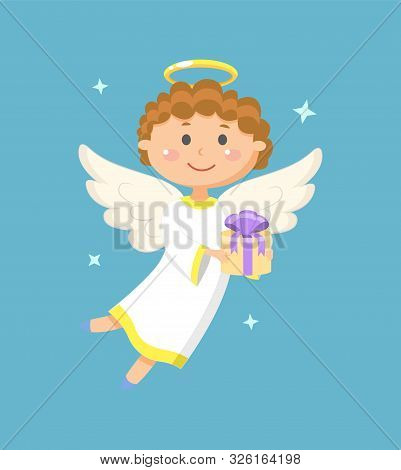 Angel Holding Gift Box With Ribbon, Portrait View Of Flying Angelic Character In White Clothes, Kid 