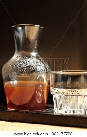 On The Table Is A Jar Of Alternative Coffee And A Glass. Hario V60. Concept Filter Coffee