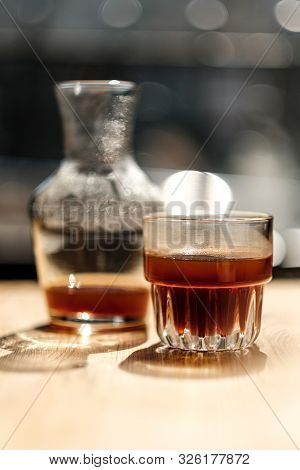 On The Table Is A Jar Of Alternative Coffee And A Glass. Hario V60. Concept Filter Coffee.