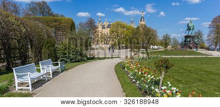 Schwerin, Germany - April 16, 2019: Panorama Of Garden And Castle In Schwerin, Germany