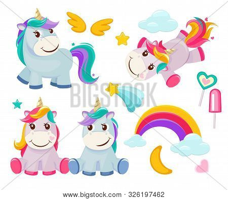 Unicorn. Cute Magic Animals Happy Birthday Symbols Little Pony Baby Horse Vector Colored Cartoon Pic