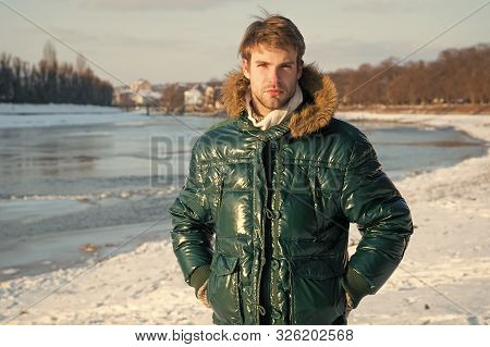 Happy Winter Holidays. Flu And Cold. Warm Clothes For Cold Season. Man Traveling In Winter, Nature. 