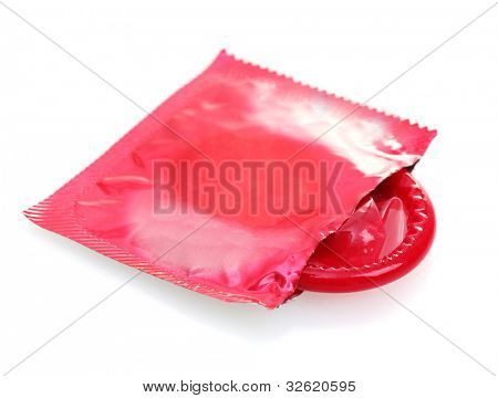 Red condom with  open packing isolated on white