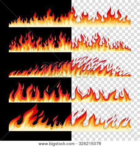 Horizontal Seamless Fire Borders On Checkerd And Black Bacground, Vector Icons Collection