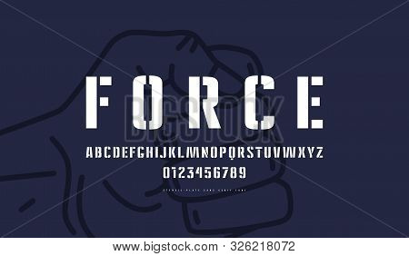 Stencil-plate Sans Serif Font In Military Style. Letters And Numbers For Logo And Label Design