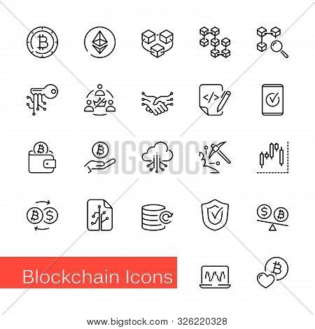 Set Of 22 Blockchain Outline Icons, Vector Illustrations. Contains Such As: Cryptocurrency, Bitcoin,