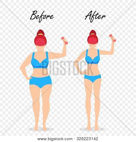 Before After Fit Girl With Dumbbell Body Set Fat Slim Woman Figure Weight Loss Isolated Transparent 