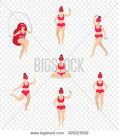 Woman Sports Activities Set. Girl Sport Workout Full Body Fitness, Yoga Exercises With Dumbbells, Ju