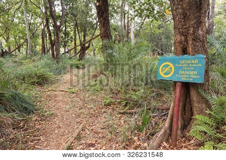 Swadini, South Africa - May 19, 2019: A Warning Sign On The Kudu Trail At The Swadini Holiday Resort