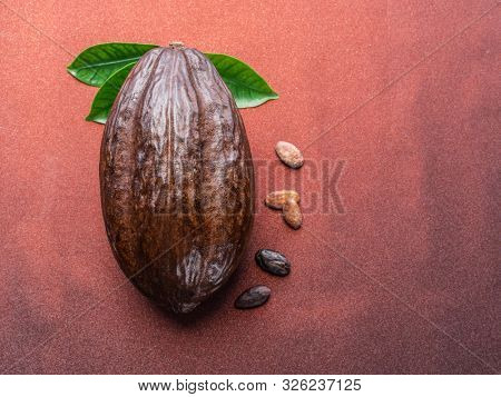 Cocoa pod and cocoa beans on the red background. Top view.