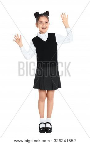 Happy Girl In School Uniform On White Background