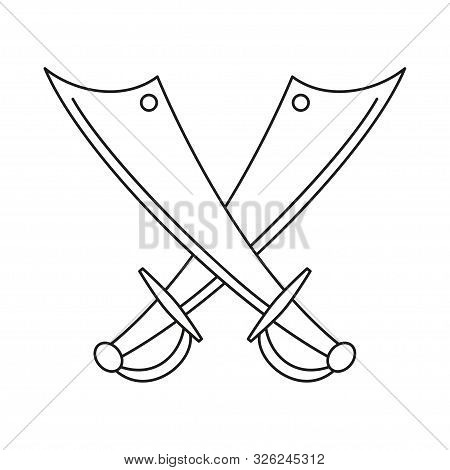 Line Art Black And White Crossed Scimitars. Medieval Festival Props. Fairy Tale Theme Vector Illustr
