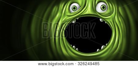 Green Monster Face As An Alien Creature With An Open Mouth As A Funny Creepy Ogre Or Scary Demon Wit