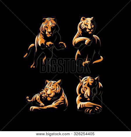 Tigers And Tiger Cub In Different Poses. Set Of Vector Illustrations.