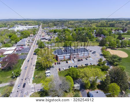 Aerial View Of Millis Town Hall On Main Street At The Town Center Of Millis In Boston Metro West Are