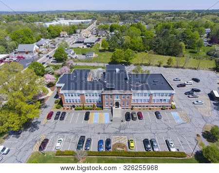Aerial View Of Millis Town Hall On Main Street At The Town Center Of Millis In Boston Metro West Are