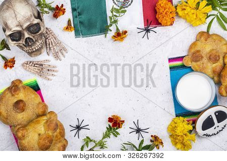 Mexican Dia De Los Muertos Day Of The Dead Background. Skull, Yellow And Orange Cempasuchil Flowers 