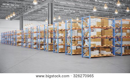 Warehouse With Cardboard Boxes Inside On Pallets Racks, Logistic Center. Huge, Large Modern Warehous