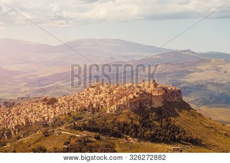 Ancient Calascibetta Landscape City On Rock, Sicily, Italy