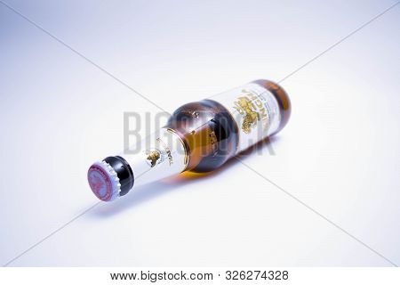 Geneva/ Switzerland - 11.06.2018 : Famous  Bottle Isolated Thai Beer Singha Premium Import Thailand