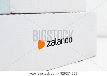 Geneva/switzerland-10.08.18: Zalando Online Shopping Package Clothe Box Cardboard Mail